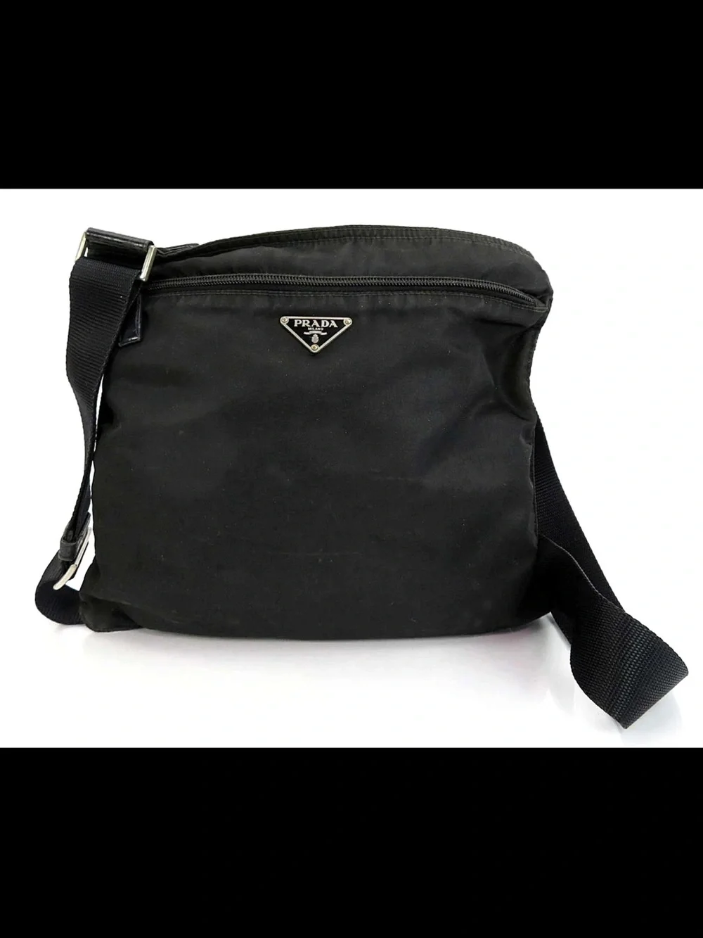 Prada Black Nylon Messenger Bag with Logo Plaque